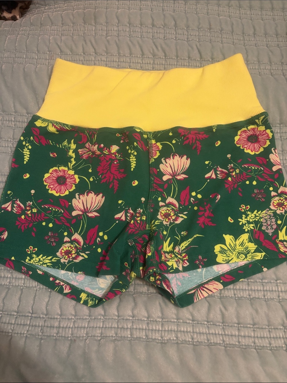 Free People Green Floral Athletic Shorts with Yellow Waistband